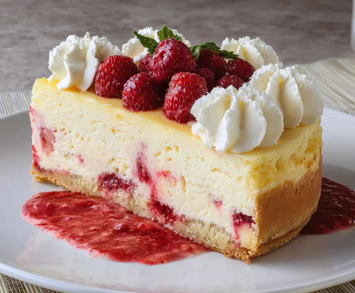 Delicious Lemon Raspberry Cream Cheesecake with fresh berries and a creamy texture.