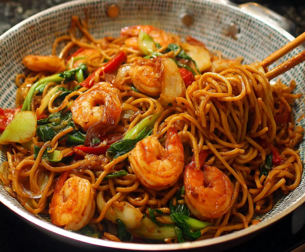 Delicious shrimp lo mein noodles with fresh vegetables and savory sauce