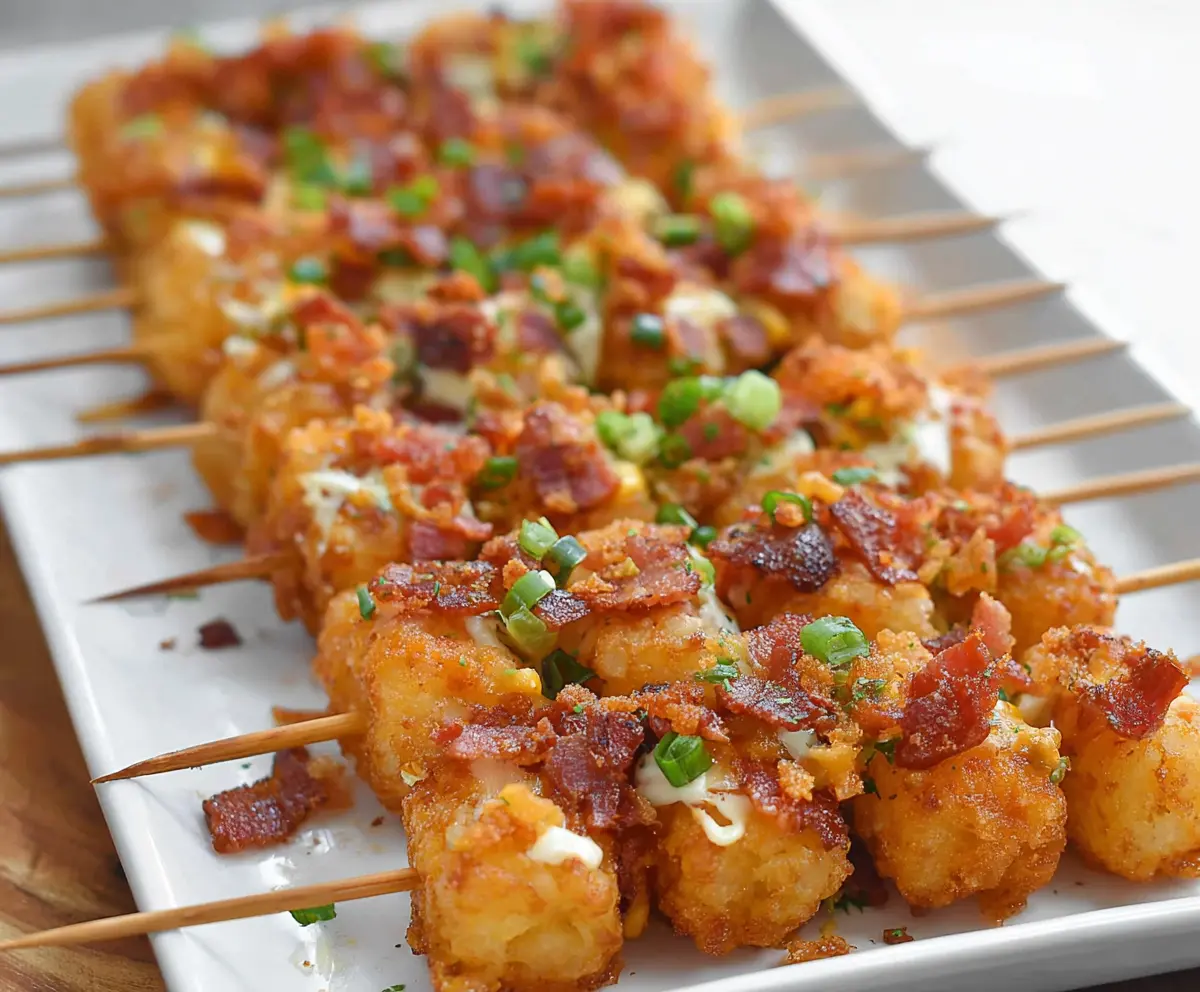 Delicious loaded tater tot skewers topped with cheese, bacon, and chives on a serving platter.
