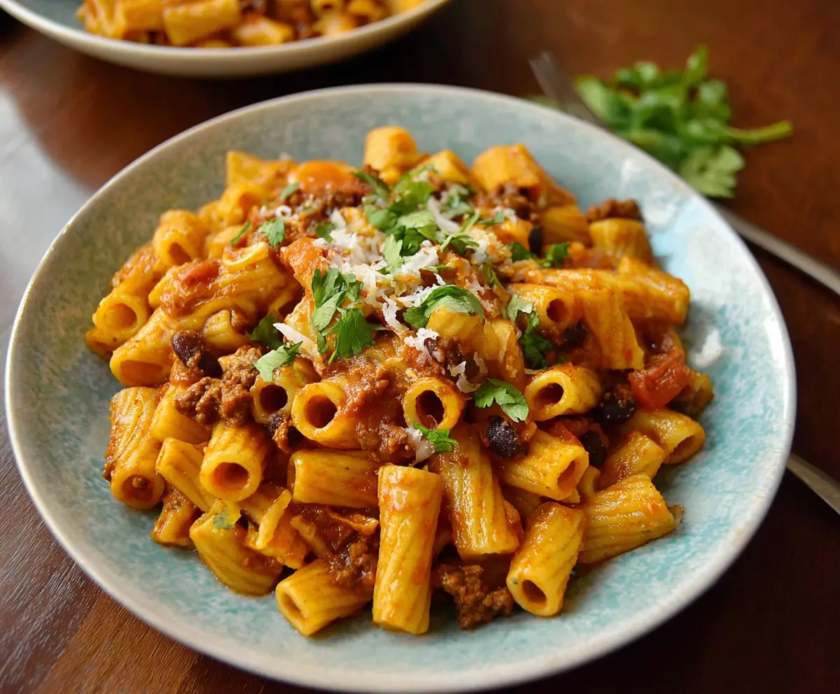 Delicious Mexican pasta with colorful peppers and melted cheese on a rustic plate.