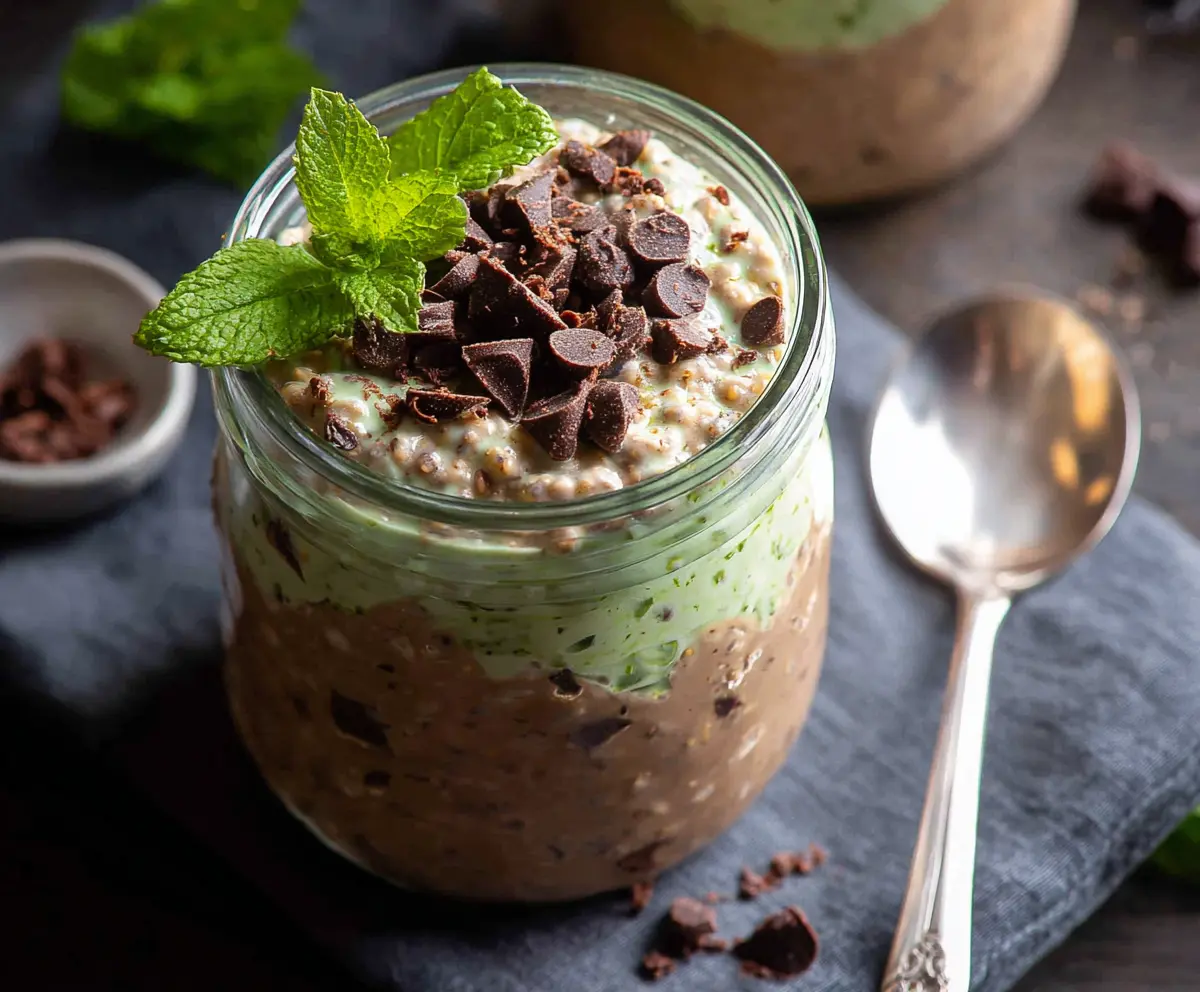 Creamy Mint Chocolate Chip Overnight Oats in a glass jar with fresh mint leaves and chocolate chips on top.