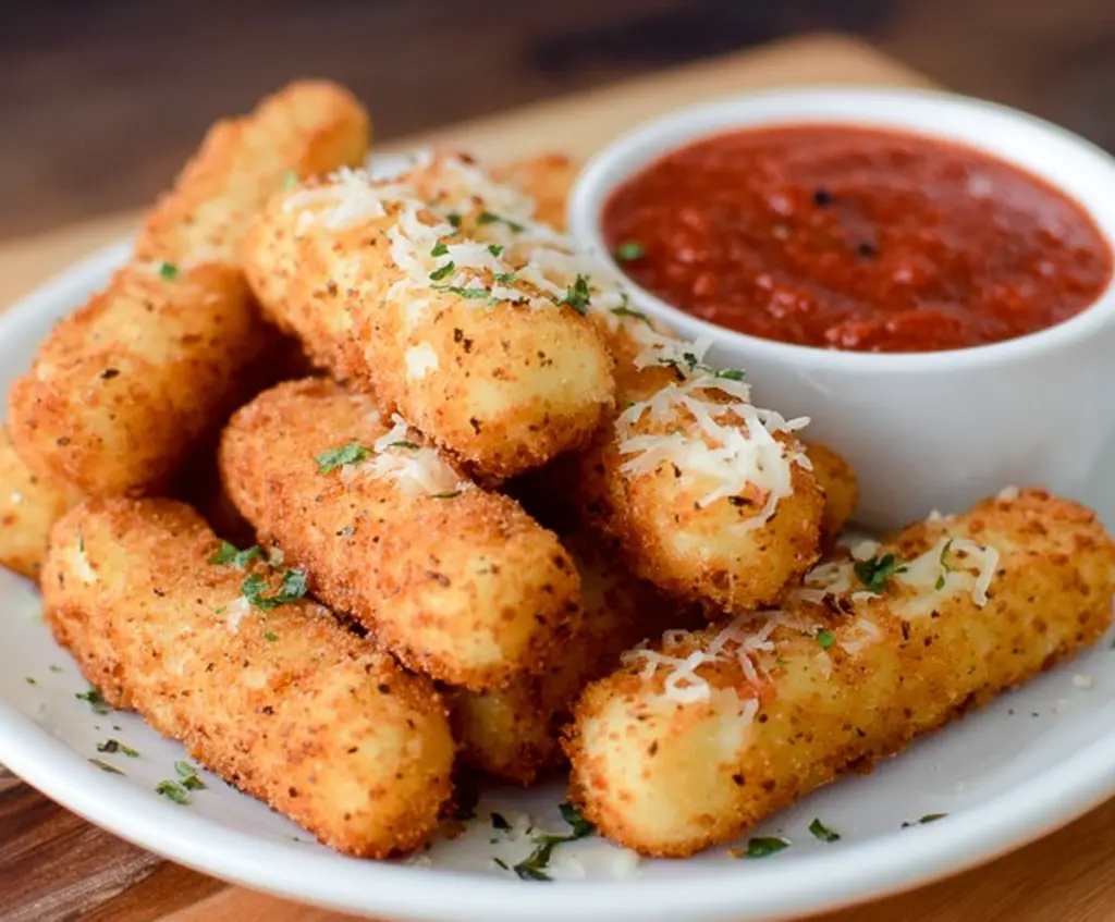 Crispy mozzarella sticks with melted cheese served with flavorful marinara sauce for a tasty appetizer.