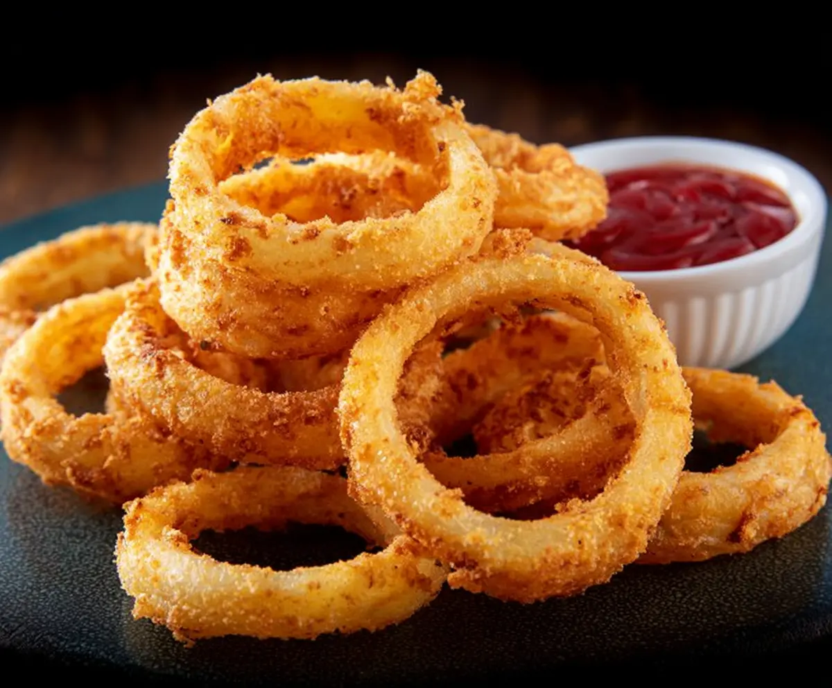 Crispy golden onion rings served with a side of ketchup on a white plate