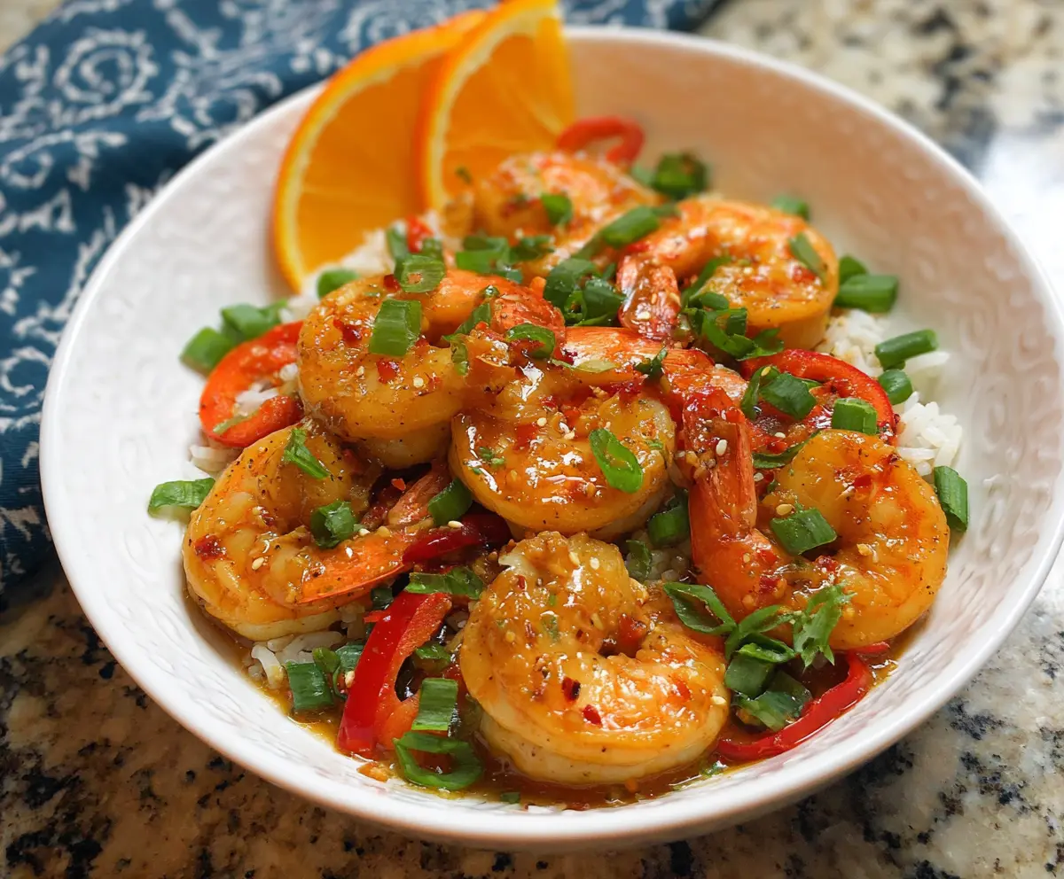 Delicious orange chili garlic shrimp served on a white plate, garnished with fresh herbs.