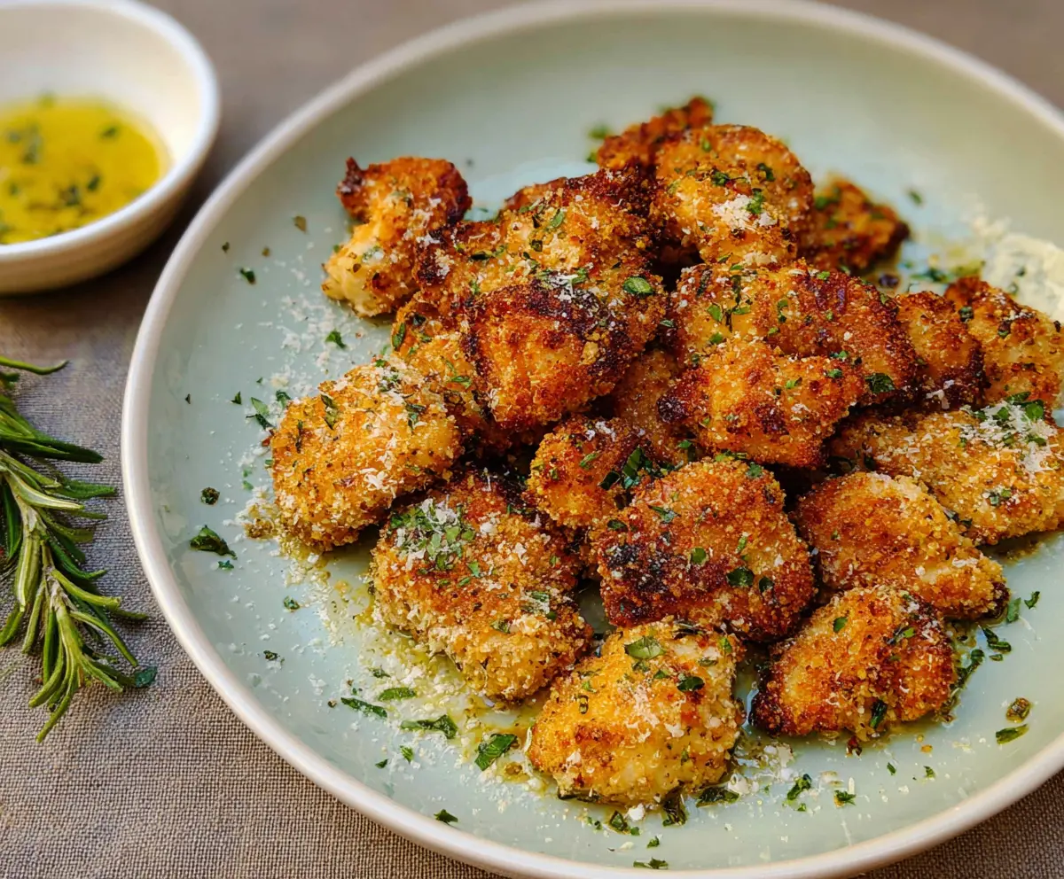 Delicious Parmesan Herb Chicken Bites served on a platter, highlighting crispy golden exterior and herbs.