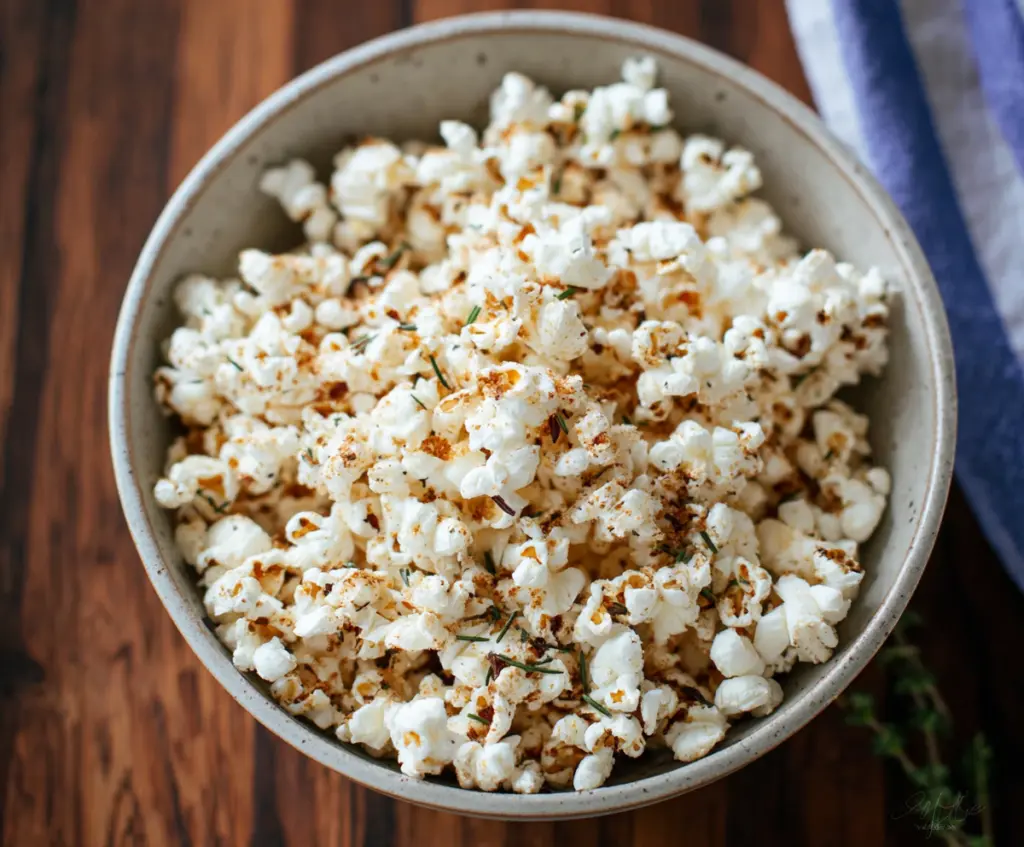 Golden Parmesan Truffle Popcorn topped with grated cheese and truffle oil, perfect for gourmet snacking.