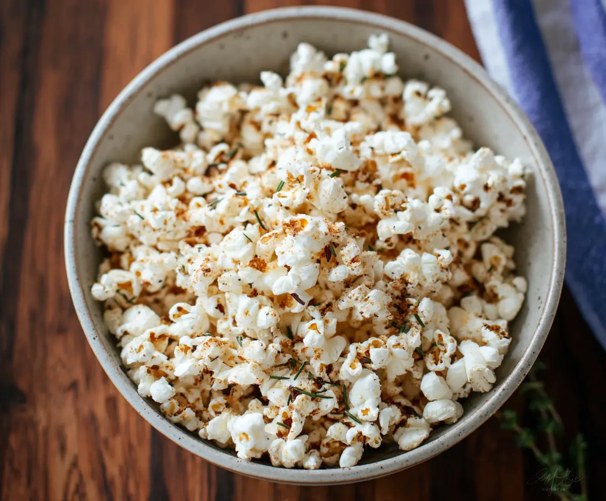 Golden Parmesan Truffle Popcorn topped with grated cheese and truffle oil, perfect for gourmet snacking.