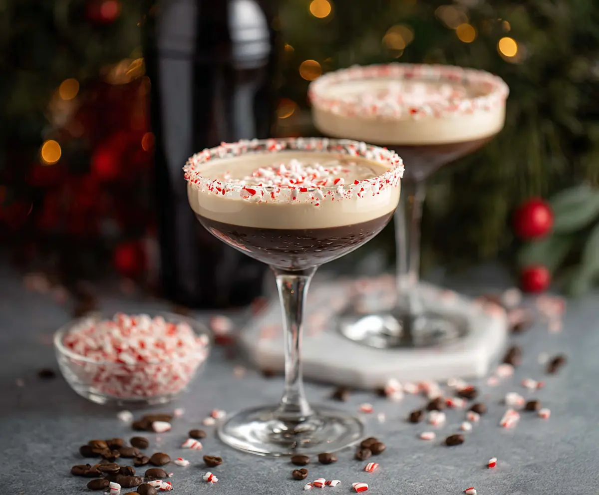 Delicious peppermint espresso martini in a cocktail glass with a candy cane garnish for festive celebrations