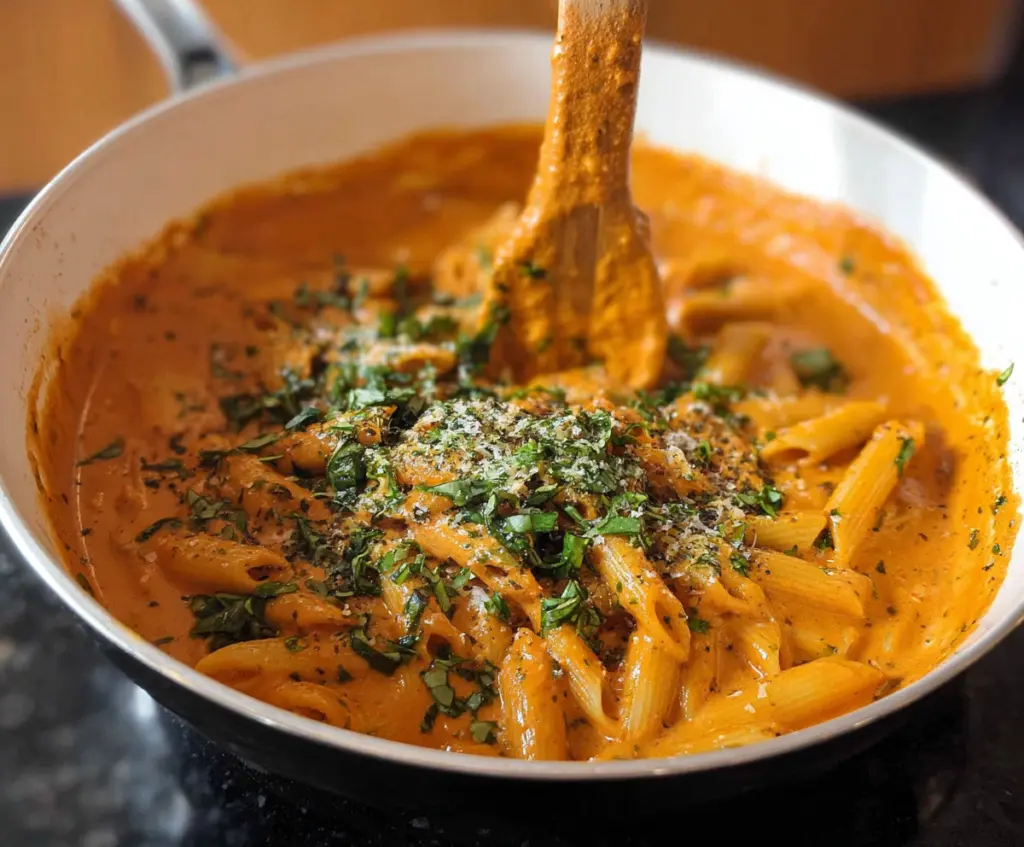 Delicious Pesto Vodka Sauce Pasta served with fresh basil and grated cheese
