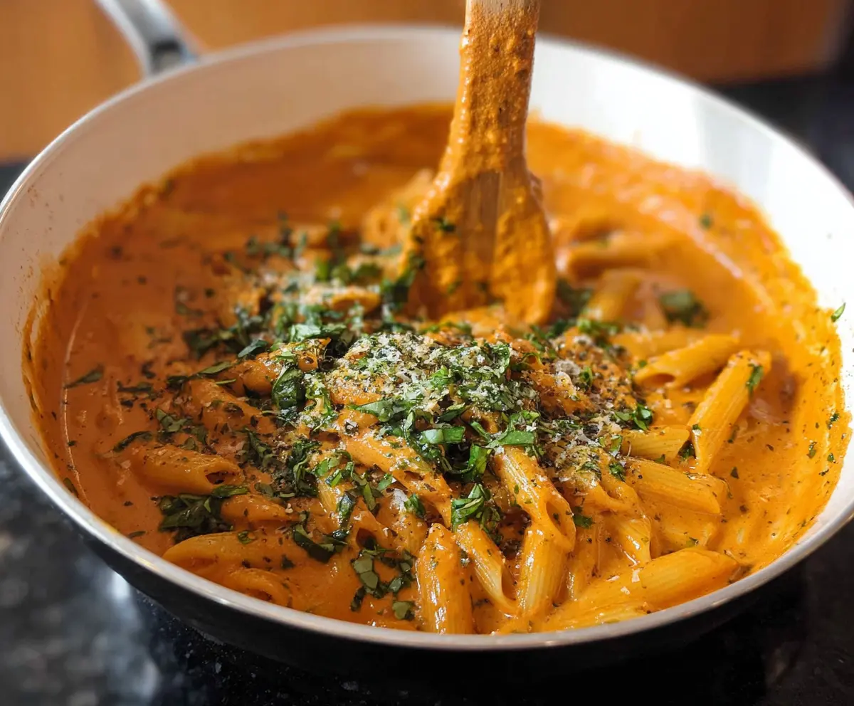 Delicious Pesto Vodka Sauce Pasta served with fresh basil and grated cheese