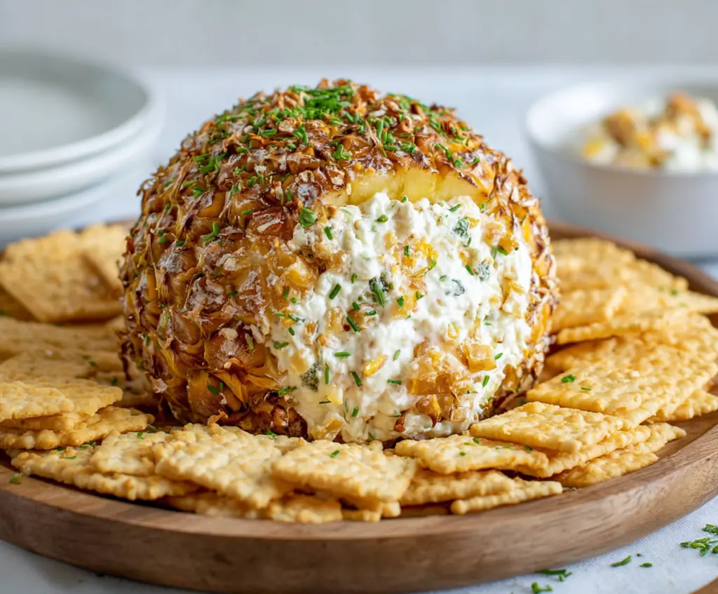 Delicious pineapple cheese ball appetizer garnished with chopped nuts and herbs.
