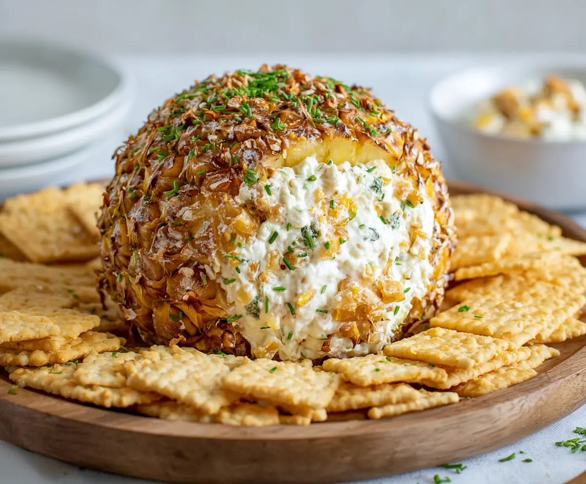 Delicious pineapple cheese ball appetizer garnished with chopped nuts and herbs.