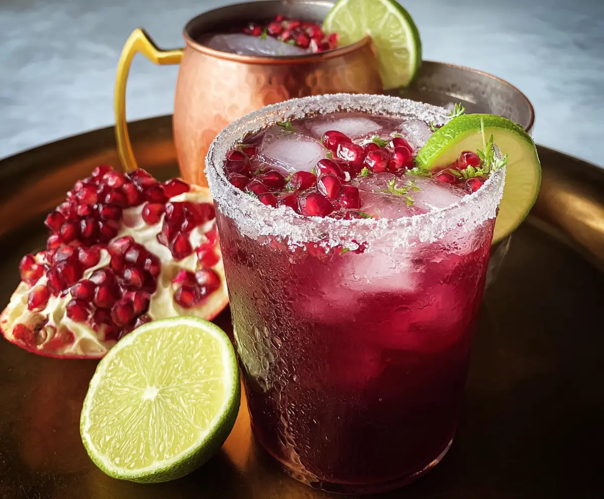 Refreshing Pomegranate Mule cocktail garnished with mint and lime in a stylish glass.