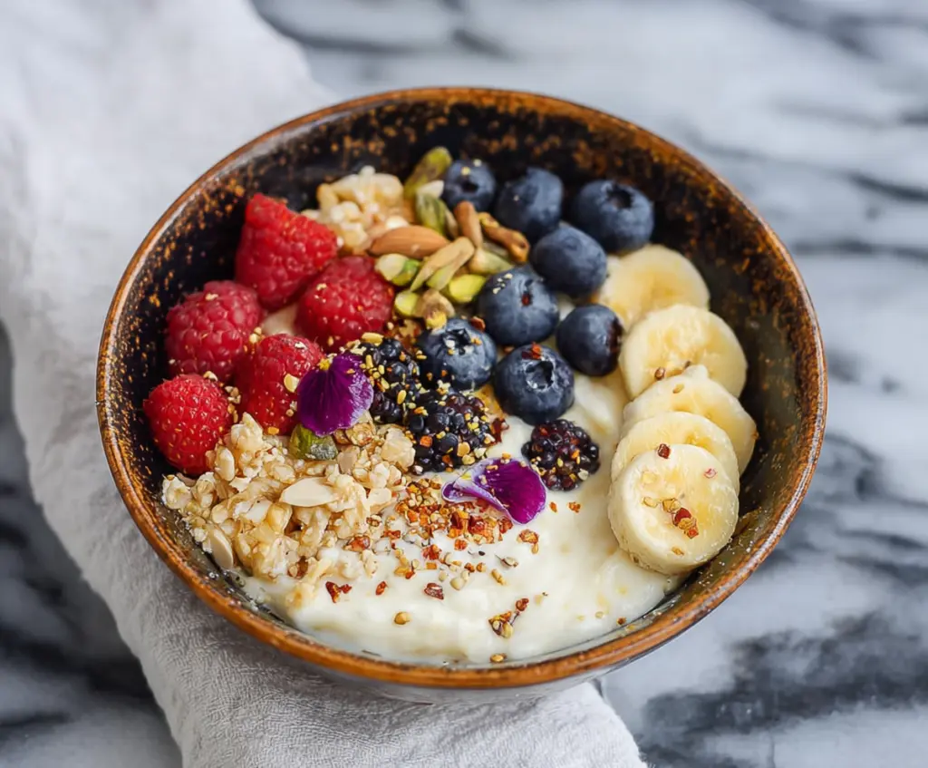 Healthy Protein Yogurt Bowl with fresh berries and granola for breakfast