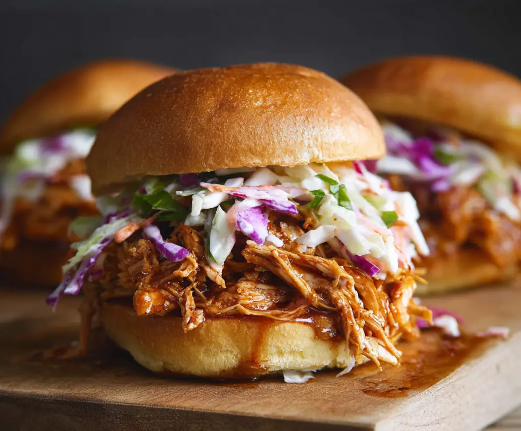 Delicious pulled chicken sandwiches topping with fresh herbs on a plate.