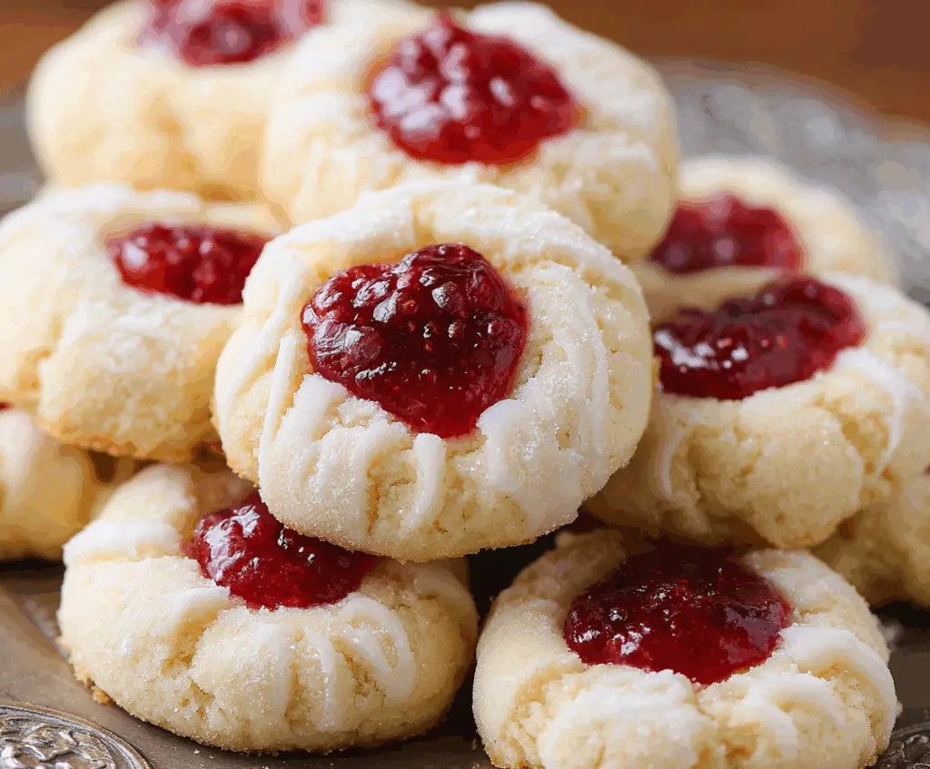 Delicious Raspberry and Lemon Thumbprint Cookies on a bright plate, perfect for dessert or tea time.