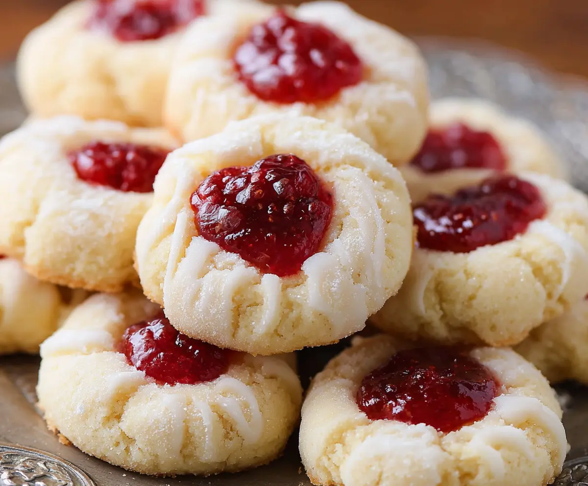 Delicious Raspberry and Lemon Thumbprint Cookies on a bright plate, perfect for dessert or tea time.