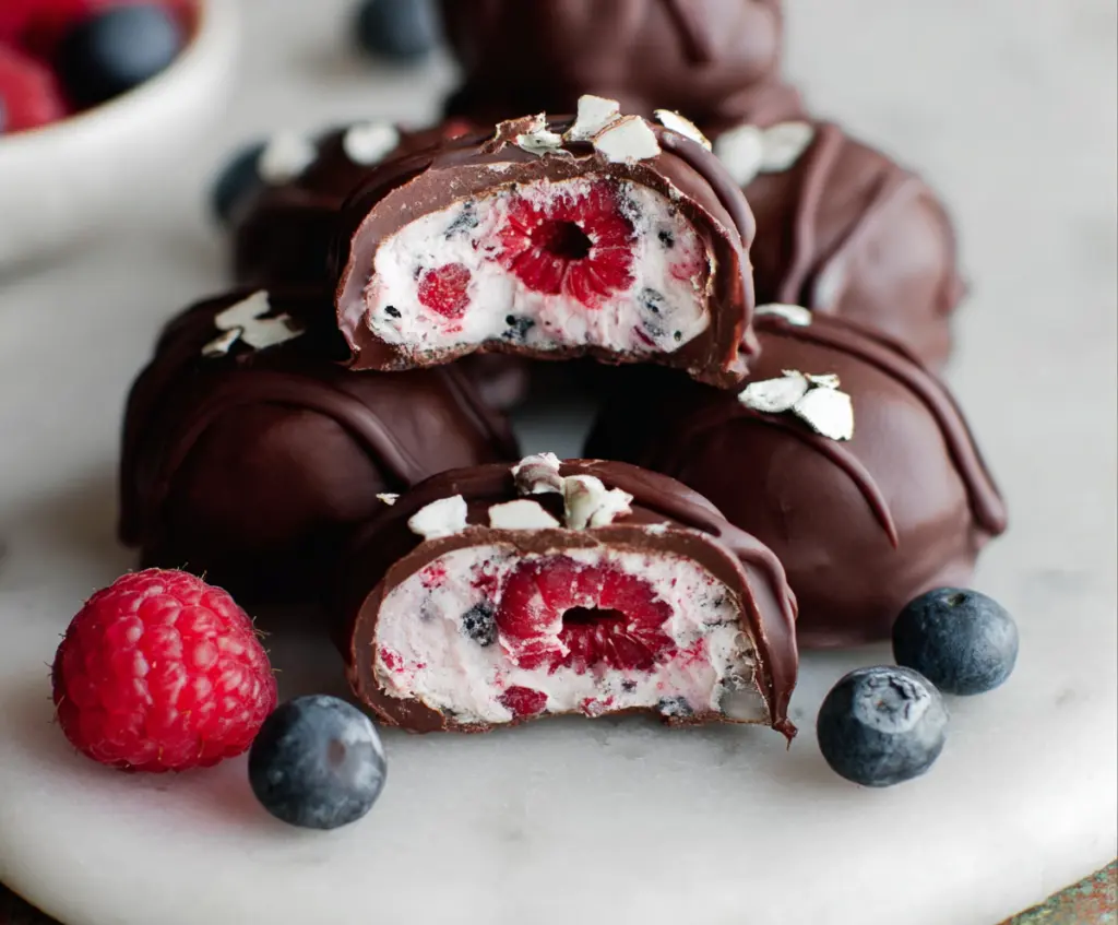 Delicious Raspberry Dark Chocolate Yogurt Bites on a plate, garnished with fresh raspberries and mint.