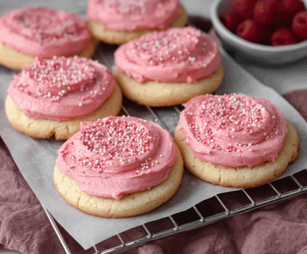 Delicious Raspberry Frosted Sugar Cookies with vibrant pink icing and sugar sprinkles.