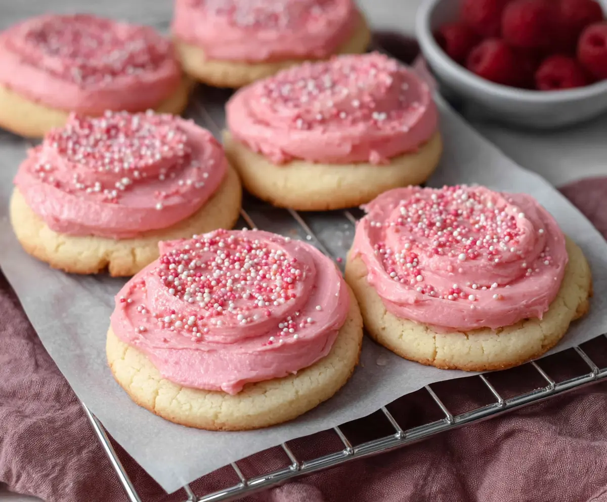 Delicious Raspberry Frosted Sugar Cookies with vibrant pink icing and sugar sprinkles.