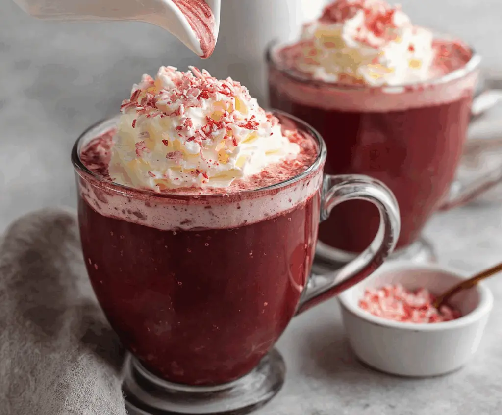 Creamy red velvet hot chocolate in a festive mug with whipped cream and red sprinkles