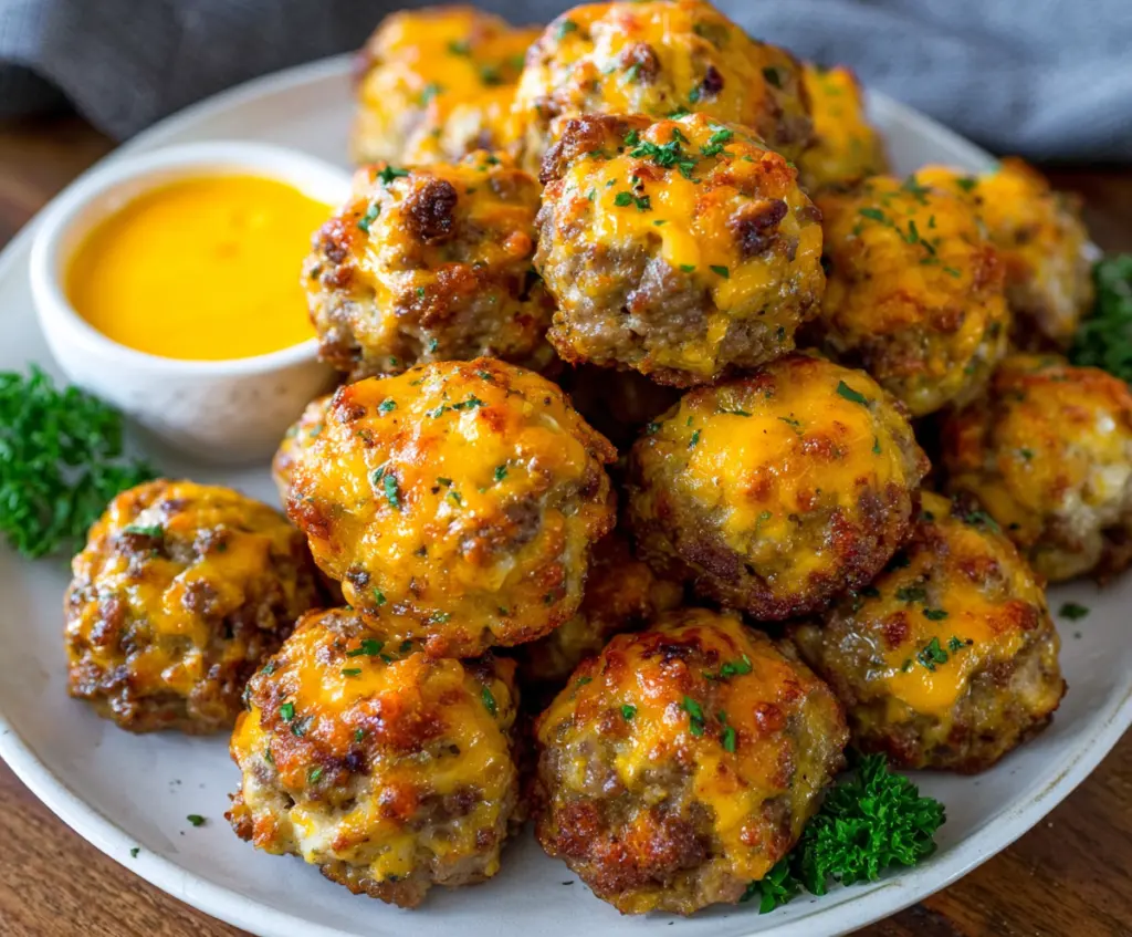 Delicious sausage cheese balls fresh out of the oven, perfect for snacks and parties.