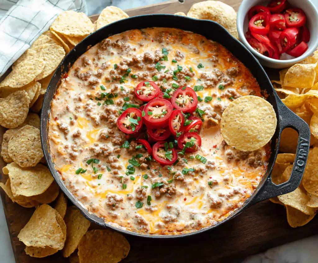 Delicious sausage cream cheese dip served with tortilla chips for a flavorful appetizer.