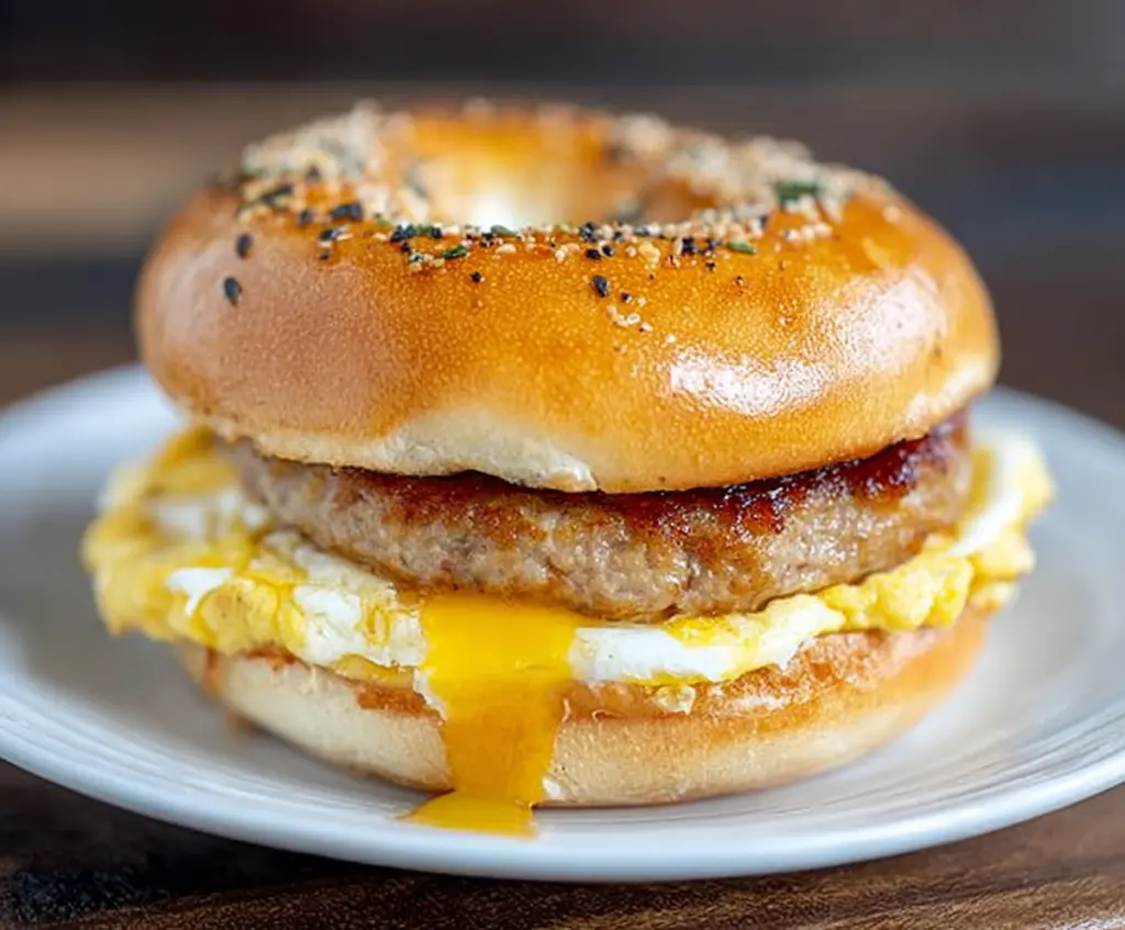 Delicious sausage egg breakfast bagel with melted cheese and fresh ingredients
