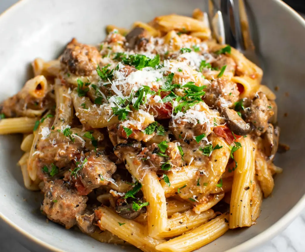 Delicious sausage and mushroom pasta served on a plate, garnished with fresh herbs.