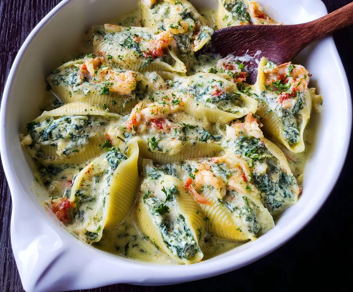 Delicious shrimp and spinach stuffed pasta shells baked to perfection, showcasing a mouthwatering seafood and vegetable casserole.
