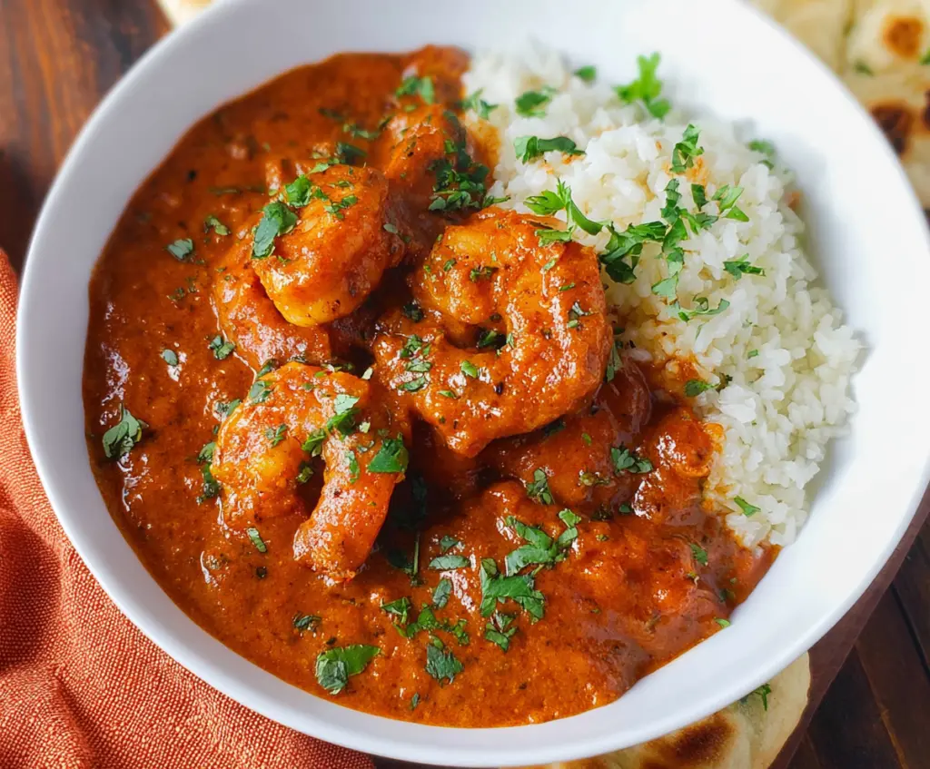 Flavorful shrimp tikka masala served with rice and fresh herbs.