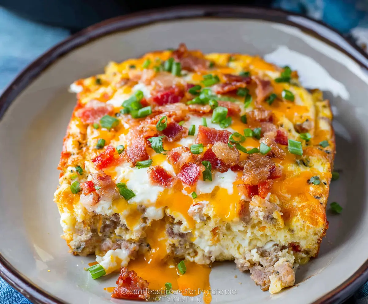 Delicious slow cooker breakfast casserole with eggs, cheese, and sausage in a casserole dish.