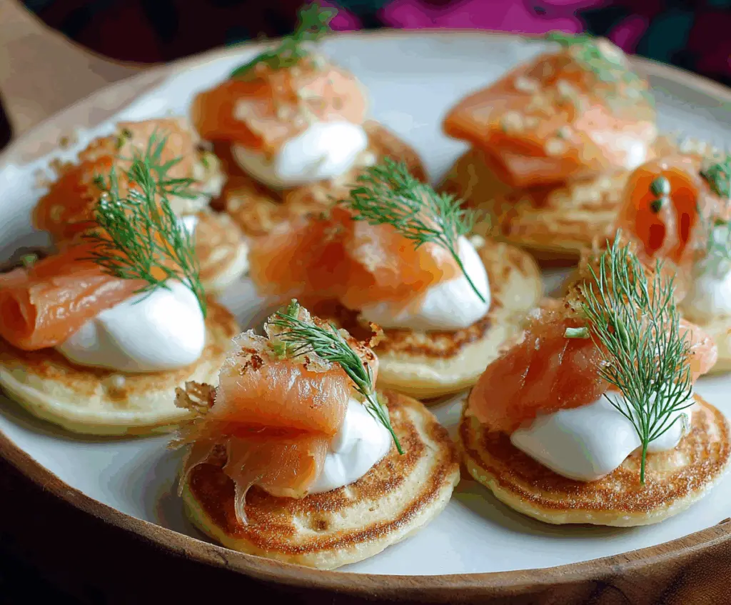 Delicious smoked salmon blini bites garnished with fresh dill and lemon slices, perfect for appetizers.