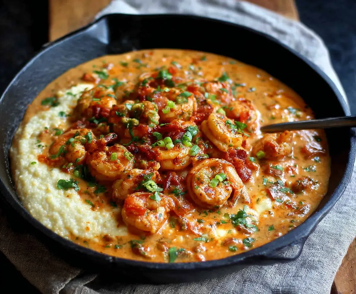 Delicious smothered shrimp served over creamy Southern grits, perfect for a hearty meal.