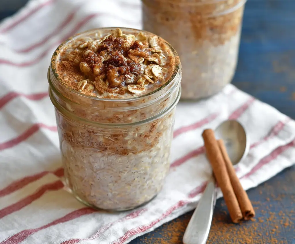 Delicious Snickerdoodle Overnight Oats with cinnamon and sugar topping in a glass jar.