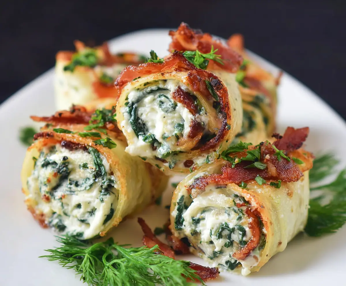 Delicious spinach and bacon cream cheese roll ups on a plate, perfect for appetizers or snacks.