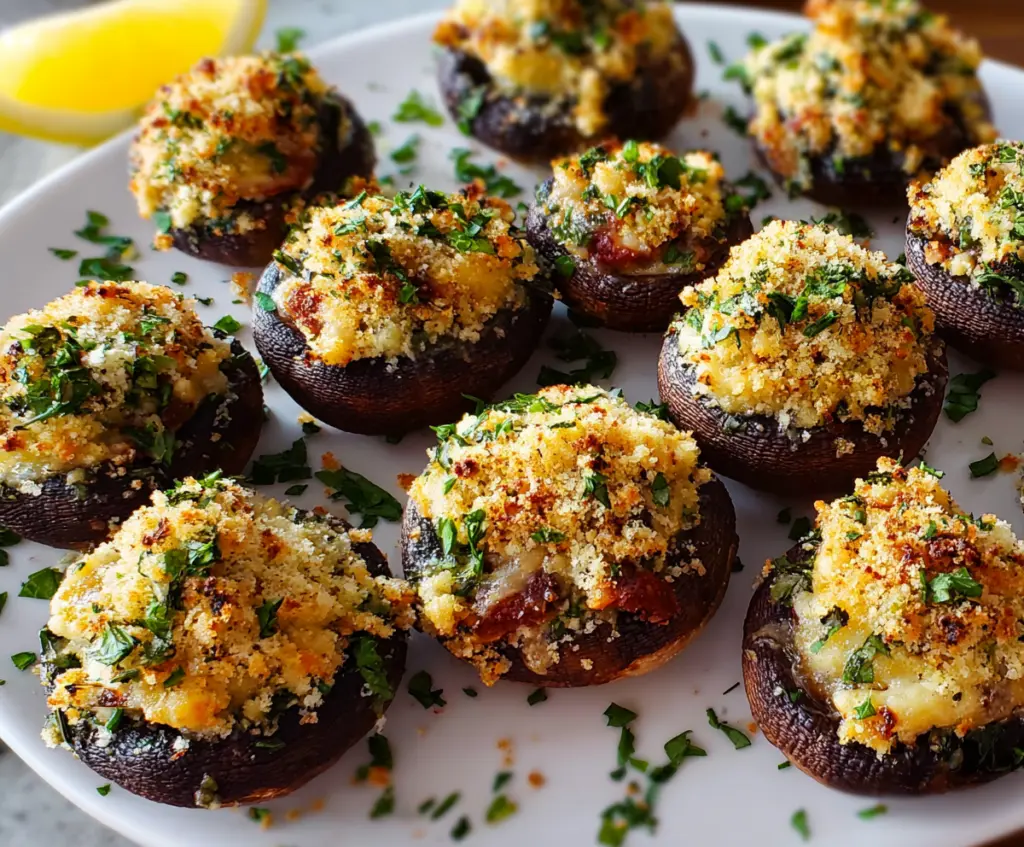 Delicious stuffed mushrooms filled with cheese and herbs, perfect as an appetizer.