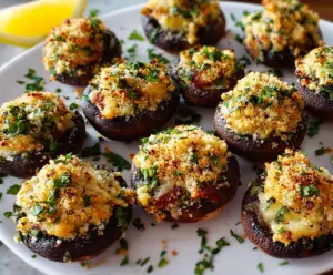 Delicious stuffed mushrooms filled with cheese and herbs, perfect as an appetizer.