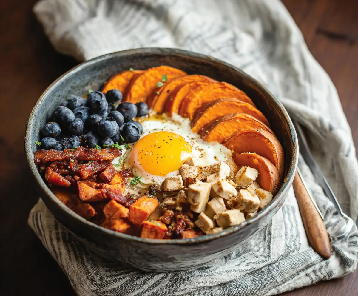 Colorful sweet potato breakfast bowl topped with fresh fruits and nuts, perfect for a healthy start to your day.