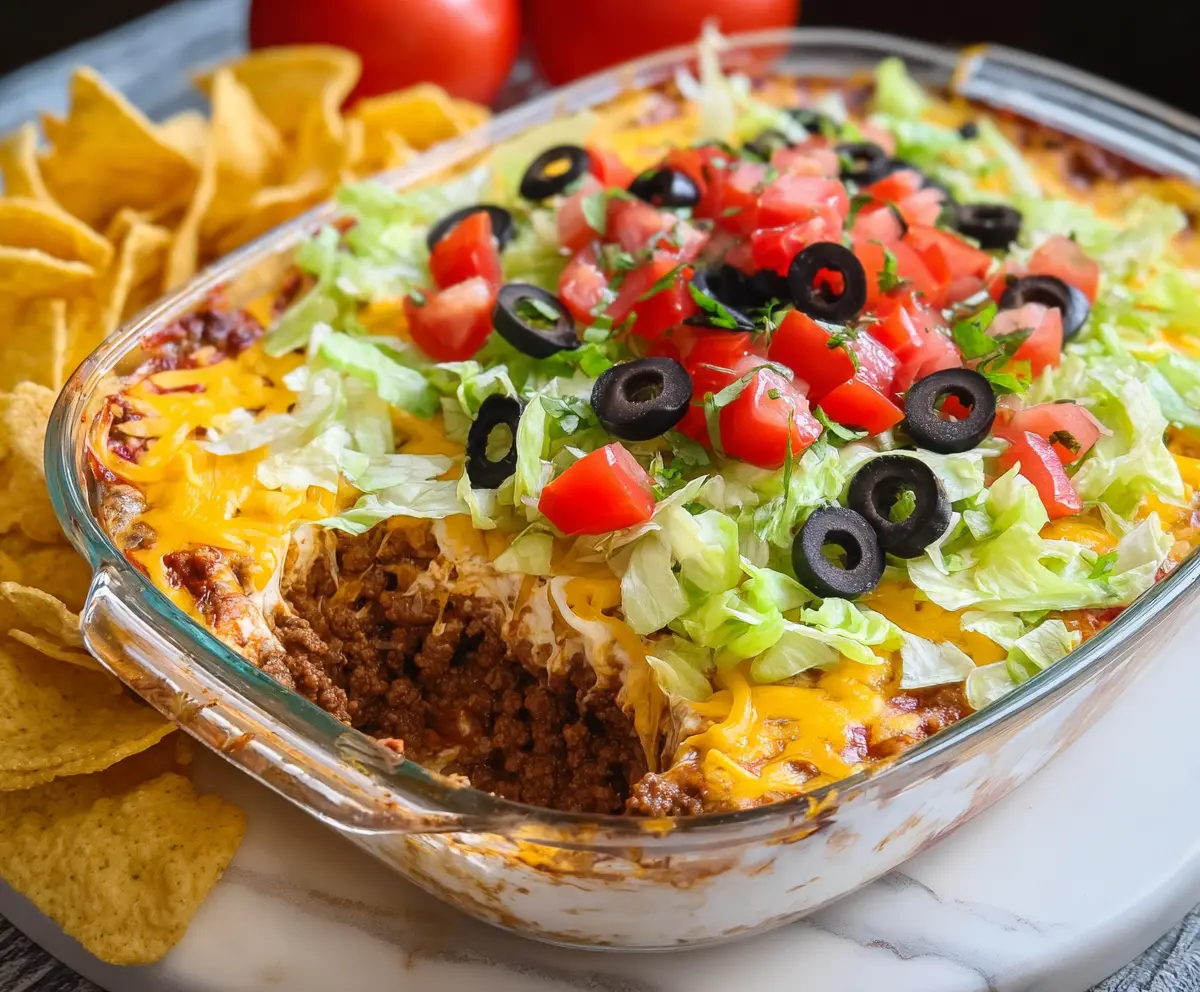 Delicious taco dip with seasoned ground beef, melted cheese, and fresh toppings in a serving bowl.