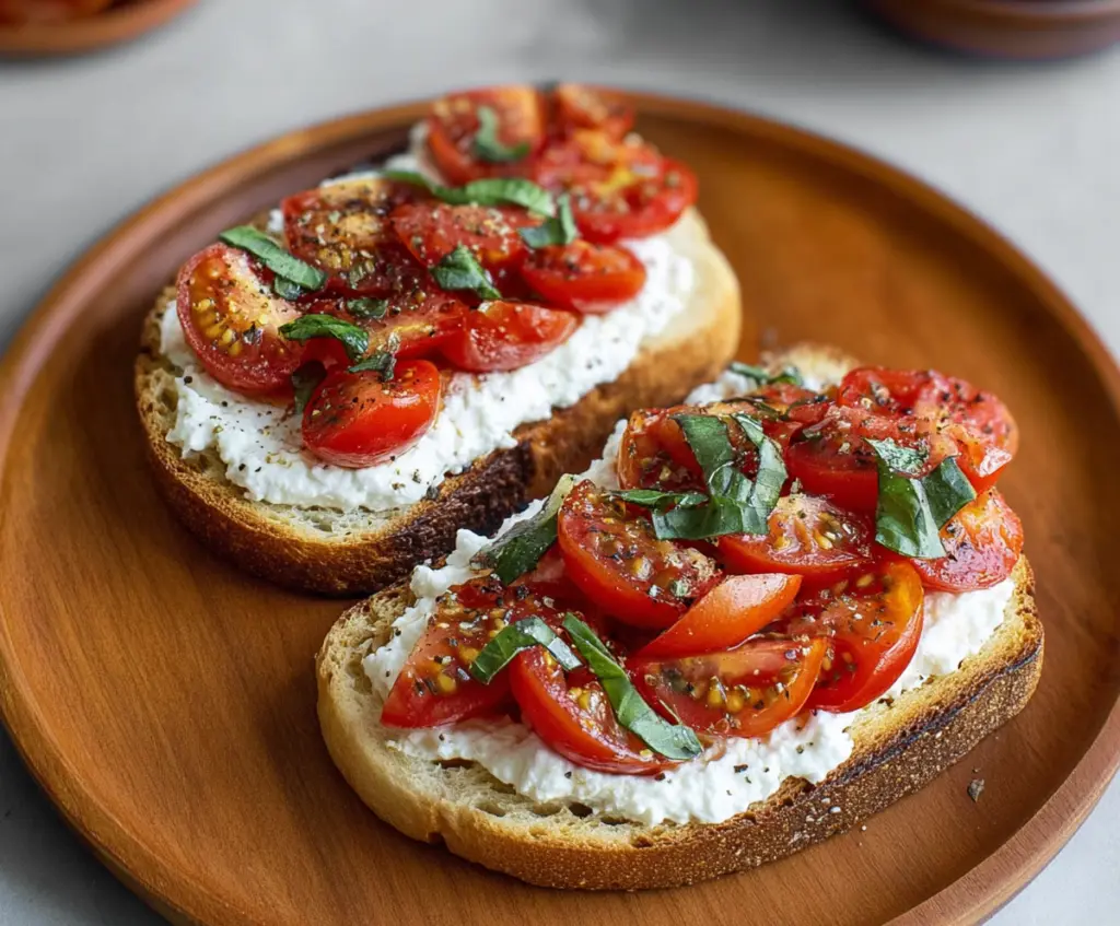 Delicious tomato and cottage cheese toast topped with fresh herbs, perfect for a healthy snack.