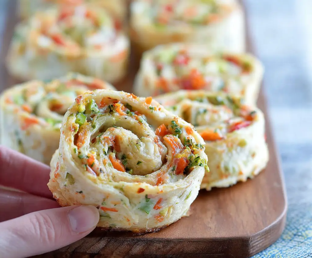 Delicious veggie pizza pinwheels freshly baked with colorful vegetables and flaky crust.