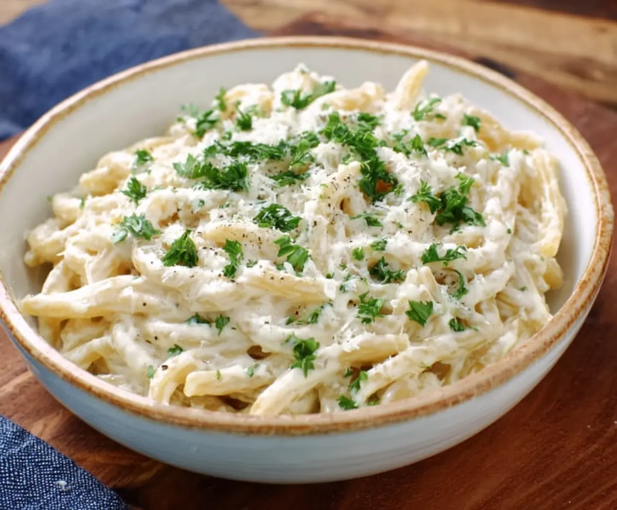 Creamy white pasta sauce served over al dente pasta with herbs and garlic.