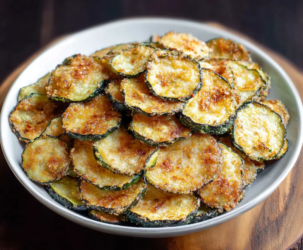 Crispy baked zucchini chips on a white plate, healthy snack option