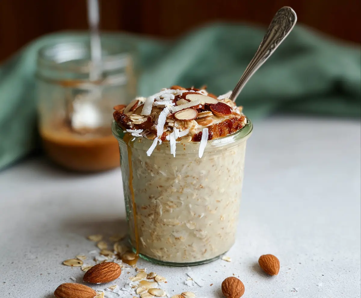 Creamy Almond Croissant Overnight Oats in a glass jar topped with sliced almonds and fresh berries.