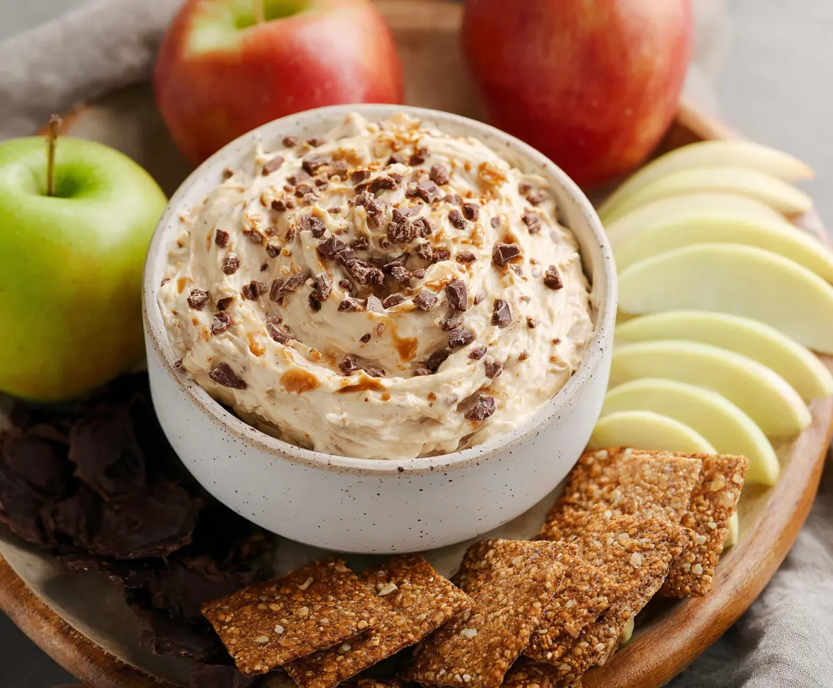 Delicious apple toffee dip served in a bowl with fresh apple slices on a wooden table.