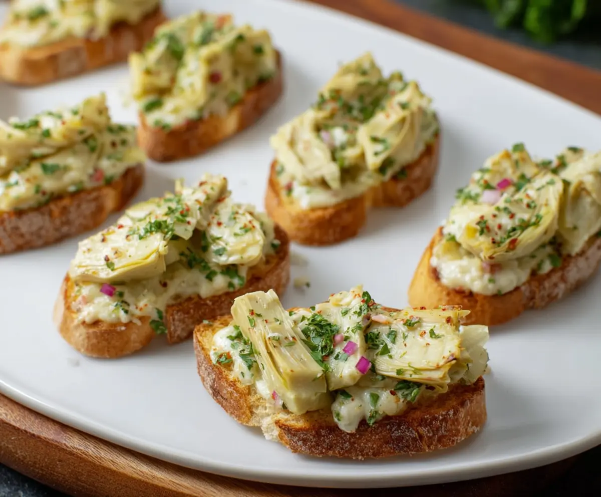 Delicious artichoke bruschetta topped with fresh herbs and olive oil on rustic bread.