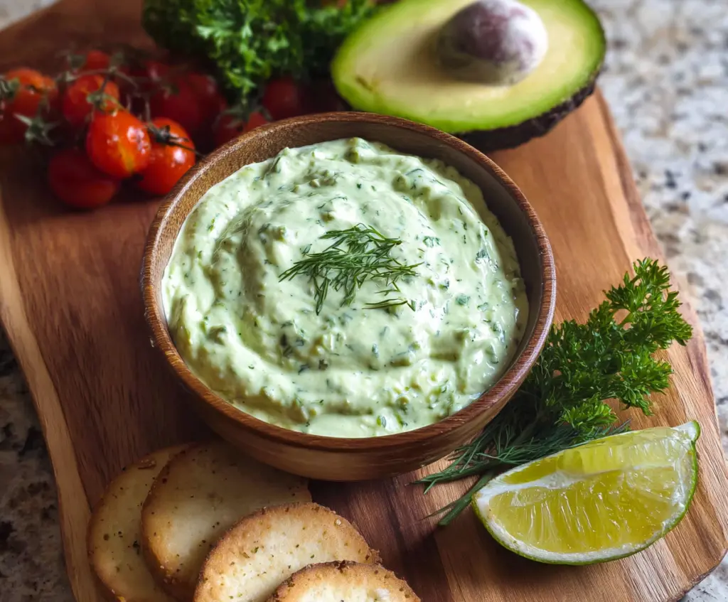 Creamy avocado ranch dip served with fresh vegetables for a delicious snack