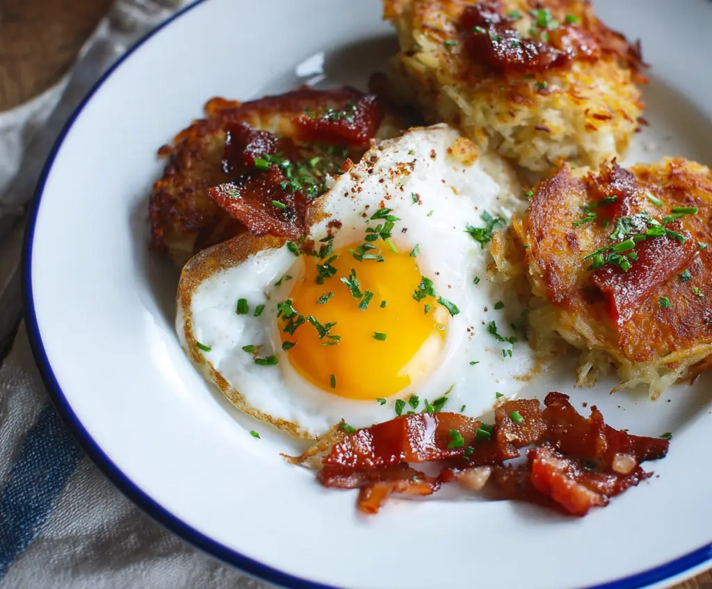 Delicious bacon hash browns with scrambled eggs on a breakfast plate