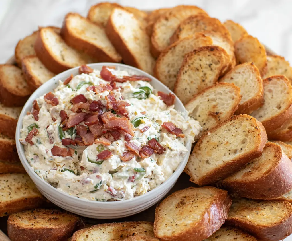 Delicious Bacon Jalapeño Cream Cheese Dip served with chips, garnished with chopped bacon and fresh jalapeños.